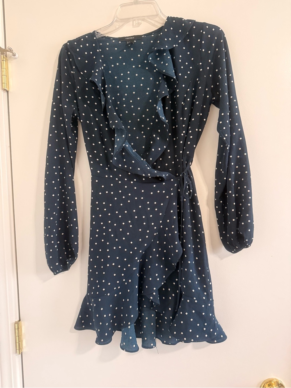Women’s Navy Blue Polka Dot Wrap Dress with Ruffle Trim